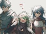  1boy 2girls belt blue_eyes blue_hair breastplate chiki cloak closed_eyes closed_mouth fingerless_gloves fire_emblem fire_emblem:_mystery_of_the_emblem fire_emblem_heroes gloves green_hair heart long_hair mamkute marth menou_setta multiple_girls nintendo open_mouth parted_lips ponytail sheeda short_hair short_sleeves simple_background smile stone tiara 