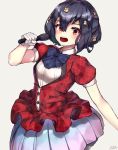  1girl :o artist_name black_hair blush breasts brown_eyes gloves hair_between_eyes hand_up highres microphone mizuno_ai music pohdae short_sleeves simple_background singing skirt small_breasts white_gloves zombie_land_saga 