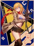  1girl ahoge as_val as_val_(girls_frontline) assault_rifle bangs belt bikini blonde_hair blue_eyes breasts brown_coat cleavage coat girls_frontline glasses gun hair_ornament hairclip highres holding holding_gun holding_weapon lithium10mg long_hair long_sleeves looking_at_viewer medium_breasts midriff miniskirt open_clothes open_coat open_mouth red_scarf rifle scarf short_hair sidelocks skirt solo striped striped_bikini stuffed_animal stuffed_toy swimsuit teddy_bear thigh-highs weapon 
