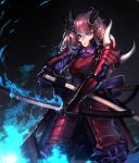  1girl armor black_sclera burning demon_girl demon_horns fixro2n hand_on_hilt highres holding holding_weapon horns japanese_armor katana looking_at_viewer mismatched_sclera original parted_lips pink_hair pointy_ears solo sword violet_eyes weapon 