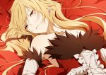  1girl bare_shoulders blonde_hair closed_mouth commentary_request dress elbow_gloves gloves kiss-shot_acerola-orion_heart-under-blade long_hair lying monogatari_(series) ntend on_back orange_eyes pointy_ears red_dress solo strapless strapless_dress very_long_hair 