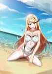  1girl absurdres aerbeisi2012 armor bangs beach blonde_hair breasts cleavage earrings gem headpiece highres mythra_(xenoblade) jewelry large_breasts long_hair looking_at_viewer nintendo ocean one-piece_swimsuit simple_background smile solo swept_bangs swimsuit tiara water xenoblade_(series) xenoblade_2 yellow_eyes 