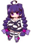  1girl ahoge alice_(criminal_girls) bangs bloomers blush boots bow braid cat_hair_ornament chibi closed_mouth collarbone commentary_request criminal_girls cuffs eyebrows_visible_through_hair frown full_body hair_bow hair_intakes hair_ornament handcuffs jewelry key long_hair long_sleeves looking_at_viewer low_twintails naga_u necklace off_shoulder oversized_clothes purple_bow purple_footwear purple_hair shadow shirt sidelocks sleeves_past_fingers sleeves_past_wrists solo striped striped_legwear striped_shirt thigh-highs twin_braids twintails underwear very_long_hair violet_eyes white_background white_bloomers x_hair_ornament 