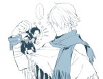  2boys blush brown_hair chibi cloak closed_eyes cyrus_(octopath_traveler) gloves hair_over_one_eye jewelry long_hair male_focus monochrome multiple_boys oboro_keisuke octopath_traveler open_mouth scarf short_hair simple_background smile therion_(octopath_traveler) white_hair 