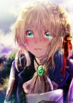  1girl bangs blonde_hair blue_eyes blue_jacket blush braid brooch brown_gloves closed_mouth crying crying_with_eyes_open eyebrows_visible_through_hair face facing_viewer gloves hair_between_eyes hair_ribbon highres holding holding_paper jacket jewelry necklace paper red_ribbon ribbon shimotsukishin sidelocks tears violet_evergarden violet_evergarden_(character) wavy_mouth white_neckwear 