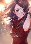  1girl bangs blurry blurry_background brown_hair earrings floating_hair glasses jewelry long_hair looking_at_viewer necklace original parted_bangs red_vest round_eyewear shiny shiny_hair smile solo sone_(takahiro-osone) sweater turtleneck turtleneck_sweater upper_body vest watch watch 