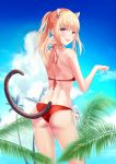  1girl :d animal_ears ass bikini blonde_hair blue_eyes blue_sky blush breasts brown_tail byn6 cat_ears cat_tail clouds highres long_hair looking_at_viewer looking_back open_mouth original outdoors palm_tree ponytail red_bikini sideboob sidelocks sky small_breasts smile solo standing summer swimsuit tail tree 