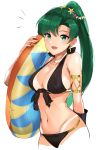 /\/\/\ 1girl :d absurdres armlet bare_arms bare_shoulders bikini bikini_tan black_bikini black_ribbon blush breasts cleavage collarbone covered_nipples cowboy_shot cute earrings eyebrows_visible_through_hair fire_emblem fire_emblem:_rekka_no_ken fire_emblem_7 fire_emblem_heroes front-tie_bikini front-tie_top green_eyes green_hair groin hair_ornament hand_up high_ponytail highres holding innertube intelligent_systems jewelry large_breasts long_hair looking_at_viewer lyndis_(fire_emblem) moe navel nintendo open_mouth ormille ribbon simple_background smile solo star star_hair_ornament stomach swimsuit tan tanline very_long_hair white_background 