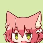  1girl 7th_dragon 7th_dragon_(series) :d animal_ear_fluff animal_ears bangs blush cat_ears eyebrows_visible_through_hair fang green_background green_eyes hair_between_eyes hair_bobbles hair_ornament harukara_(7th_dragon) head looking_at_viewer naga_u one_side_up open_mouth pink_hair simple_background smile solo 