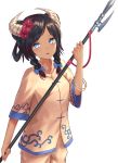  1girl bangs black_hair blue_bow blue_eyes blush bow braid breasts buttons cowboy_shot flower hair_bow hair_flower hair_ornament hair_rings halberd head_tilt holding holding_weapon horns looking_at_viewer original pants parted_bangs parted_lips polearm red_flower roke_(taikodon) shirt simple_background small_breasts solo twin_braids weapon white_background white_pants white_shirt wide_sleeves 