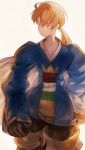  1boy blonde_hair cape commentary_request final_fantasy final_fantasy_tactics gloves highres long_hair maekakekamen male_focus ponytail ramza_beoulve solo yellow_eyes 
