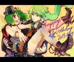  1boy 1girl ai-kun ankle_boots bare_shoulders black_gloves boots bracelet brera_sterne brother_and_sister carrying cero_(cerocero) choker dated facial_scar fingerless_gloves gloves green_hair grey_nails half_gloves happy_birthday hat high_heel_boots high_heels jewelry macross macross_frontier nail_polish open_mouth outstretched_arms princess_carry ranka_lee red_eyes ring scar short_hair siblings single_glove sleeveless smile 