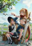  2girls animal animal_on_lap belt bird black_cat black_footwear blonde_hair blue_eyes blue_sky bow box brown_footwear butyou_(mika1412) cat day denim dress fence grass hair_bow hat hat_ornament holding holding_sword holding_weapon kneehighs long_hair long_sleeves luggage mabinogi midriff multiple_girls navel outdoors outstretched_hand ponytail red_bow red_scarf red_wristband scarf shoes sitting sky smile suitcase sword tree very_long_hair watermark weapon web_address white_legwear winged_hat witch_hat wristband 
