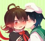  2girls anchor_symbol antenna_hair black_hair bow bowtie cheek_kiss closed_eyes fang hair_between_eyes hat heart houjuu_nue kiss looking_at_another lowres multiple_girls murasa_minamitsu open_mouth pointy_ears red_eyes red_neckwear red_wings short_hair soiri_(us) sweat touhou upper_body white_hat wings yuri 