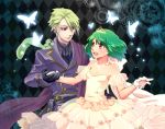  1boy 1girl ai-kun alternate_costume alternate_hairstyle ascot asymmetrical_bangs bangs bare_shoulders black_gloves breasts brera_sterne brother_and_sister cero_(cerocero) detached_sleeves double-breasted dress formal gloves green_hair hand_on_another&#039;s_hip hand_up looking_at_another macross macross_frontier open_mouth ranka_lee red_eyes see-through short_hair siblings small_breasts smile strapless tiara white_gloves 