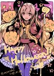  1girl :d blonde_hair bow bowtie cane dated dot_nose dress english ereshkigal_(fate/grand_order) eyebrows_visible_through_hair fate/grand_order fate_(series) hair_bow halloween halloween_costume happy_halloween highres holding jack-o&#039;-lantern katsushika_hokusai_(fate/grand_order) legs_together looking_at_viewer open_mouth pantyhose pink_bow pumpkin purple_legwear red_dress red_eyes rioka_(southern_blue_sky) sash smile solo standing star twitter_username two_side_up yellow_neckwear 