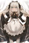  1girl black_bow black_ribbon black_shirt black_skirt blue_eyes blush bow eyebrows_visible_through_hair fate/grand_order fate_(series) floating_hair grey_apron grey_legwear hair_between_eyes hair_bow highres long_hair long_skirt long_sleeves looking_at_viewer marie_antoinette_(fate/grand_order) neck_ribbon pantyhose ribbon shiny shiny_hair shirt silver_hair skirt skirt_hold solo standing twintails very_long_hair yuuko_(030_yuko) 