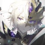  1boy armor bangs blurry broken_mask chromatic_aberration closed_mouth commentary_request depth_of_field eyelashes fate/grand_order fate_(series) gao_changgong_(fate) hair_between_eyes half_mask head_tilt looking_at_viewer male_focus portrait rella shards short_hair simple_background solo violet_eyes white_background white_hair 