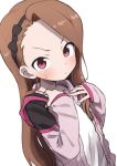 1girl blush bow brown_hair commentary dutch_angle forehead furrowed_eyebrows gazacy_(dai) hair_bow hairband highres hood hood_down hooded_jacket idolmaster idolmaster_(classic) idolmaster_platinum_stars jacket long_hair long_sleeves looking_at_viewer minase_iori open_clothes open_jacket pink_jacket portrait red_eyes shirt simple_background sleeves_past_wrists solo sweatdrop white_background white_shirt 