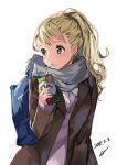  1girl 2018 bag blonde_hair brown_coat coat dated drinking_straw green_eyes grey_scarf long_hair open_clothes open_coat original ponytail scarf school_bag signature sketch solo sone_(takahiro-osone) standing sweater upper_body white_background 