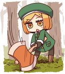  1girl :o axe bangs battle_axe beret blonde_hair blush_stickers boots brown_eyes brown_footwear brown_gloves brown_legwear chibi eyebrows_visible_through_hair fate/grand_order fate_(series) full_body gloves green_hat green_jacket hat holding holding_axe jacket knee_boots long_sleeves motion_lines naga_u pantyhose parted_bangs parted_lips paul_bunyan_(fate/grand_order) solo standing tree two-handed weapon 