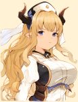  &gt;:t 1girl :t bangs blonde_hair blue_eyes blush breasts closed_mouth commentary_request draph eyebrows_visible_through_hair granblue_fantasy highres horns juliet_sleeves koretsuki_azuma long_hair long_sleeves looking_at_viewer medium_breasts pointy_ears pout puffy_sleeves rastina sidelocks simple_background solo upper_body v-shaped_eyebrows very_long_hair wavy_mouth yellow_background 
