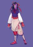  1girl arms_at_sides chinese_clothes commentary contrapposto full_body long_sleeves looking_at_viewer medium_hair ofuda original purple_background purple_hair red_footwear shoes simple_background sleeves_past_wrists solo standing ukumo_uichi violet_eyes 