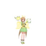  1girl angel_rock:feel_girls_emotion bird brown_eyes brown_hair bun_cover dress eighth_note full_body green_dress green_skirt halo heart looking_at_viewer medium_hair musical_note official_art shoes skirt smile standing wings yellow_wings 