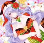  1girl box breasts camilla_(fire_emblem_if) cleavage fire_emblem fire_emblem_if flower fur_trim gift gift_box gloves hair_flower hair_ornament hair_over_one_eye hat large_breasts long_hair nintendo plushcharm purple_hair red_hat santa_costume santa_hat solo tiara twitter_username violet_eyes white_gloves 