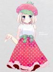  1girl 2017 aqua_eyes arms_behind_back blonde_hair blush bow cowboy_shot dated dress fruit_hat green_bow grey_background hand_up hat highres medium_hair mojacookie original polka_dot polka_dot_dress red_dress red_hat sleeveless solo twitter_username 