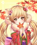  1girl animal_ears bangs blonde_hair blurry blush bow brown_eyes catbell closed_mouth depth_of_field detached_sleeves eyebrows_visible_through_hair flower fur_collar hair_bow hair_flower hair_ornament hands_up head_tilt highres holding holding_leaf japanese_clothes kimono leaf long_hair long_sleeves looking_at_viewer maple_leaf obi original pink_bow print_kimono red_flower red_kimono sash smile solo twintails upper_body wide_sleeves 