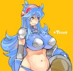  1girl blue_eyes blue_hair borrowed_character breasts hairband huge_breasts impossible_clothes impossible_shirt large_breasts long_hair navel original sachito shield shirt solo tecna 