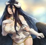  1girl albedo bangs bare_shoulders black_feathers black_hair black_wings breasts cleavage collarbone demon_girl demon_horns demon_wings detached_collar dress elbow_gloves feathered_wings feathers gloves hair_between_eyes hip_vent horns large_breasts long_hair looking_at_viewer low_wings natsuyu open_mouth overlord_(maruyama) simple_background slit_pupils smile very_long_hair white_dress white_gloves wings yellow_eyes 