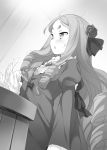  1girl blush cheat_kushushi_no_slow_life drill_hair flower greyscale hair_flower hair_ornament highres long_hair long_sleeves looking_to_the_side matsuuni monochrome motion_lines novel_illustration puffy_long_sleeves puffy_sleeves slapping solo standing sweatdrop symbol-shaped_pupils thick_eyebrows very_long_hair 