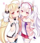  2girls ahoge animal_ears armpits azur_lane bare_shoulders blonde_hair breasts bunny_pose camisole character_name closed_mouth commentary_request detached_sleeves dress eldridge_(azur_lane) expressionless eyebrows_visible_through_hair hair_between_eyes hair_ornament hairband jacket koko_ne_(user_fpm6842) laffey_(azur_lane) long_hair long_sleeves looking_at_viewer low_twintails multiple_girls off_shoulder pink_jacket pleated_skirt pocket poking puffy_long_sleeves puffy_sleeves rabbit_ears red_eyes red_hairband red_skirt silver_hair simple_background skirt sleeveless sleeveless_dress small_breasts thigh-highs twintails very_long_hair white_background white_camisole white_dress white_legwear white_sleeves zettai_ryouiki 