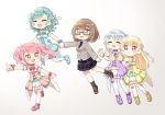  5girls ^_^ ankle_strap aqua_dress aqua_footwear aqua_hair aqua_neckwear aqua_ribbon bang_dream! bangs bd_ayknn black_legwear blazer blonde_hair blush bow bowtie braid brown_footwear brown_hair closed_eyes closed_eyes dress glasses green_eyes grey_jacket hair_ribbon half_updo hand_holding haneoka_school_uniform highres hikawa_hina jacket long_hair maruyama_aya multiple_girls necktie pastel_palettes pink_dress pink_eyes pink_footwear pink_hair pink_neckwear pink_ribbon plaid plaid_skirt pleated_skirt pointing purple_dress purple_footwear purple_ribbon pushing red-framed_eyewear ribbon semi-rimless_eyewear shirasagi_chisato shoes short_hair side_braids skirt socks sparkle striped striped_neckwear thigh-highs twin_braids twintails under-rim_eyewear violet_eyes wakamiya_eve white_hair white_legwear white_ribbon wrist_ribbon yamato_maya yellow_dress yellow_footwear yellow_ribbon 