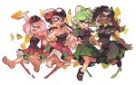  +_+ 4girls :d aori_(splatoon) arm_grab arm_up bangs bare_shoulders barefoot black_capelet black_footwear black_hair black_skin blunt_bangs breasts capelet cephalopod_eyes cleavage commentary cousins crown domino_mask dress earrings english_commentary fang fangs floral_print food food_in_mouth food_on_head gradient_hair green_eyes green_hair grey_hair hand_on_hip hime_(splatoon) hotaru_(splatoon) iida_(splatoon) jewelry jumping locked_arms long_hair looking_at_another looking_at_viewer looking_back makeup mascara mask medium_breasts medium_dress medium_hair mole mole_under_eye mouth_hold multicolored multicolored_hair multicolored_skin multiple_girls nachos object_on_head octarian open_mouth paint_splatter petticoat pink_eyes pink_hair pointy_ears print_dress shoes short_hair sleeveless sleeveless_dress smile splatoon splatoon_(series) splatoon_1 splatoon_2 standing strapless strapless_dress suction_cups sushi tentacle_hair white_background wong_ying_chee 