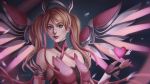  1girl artist_name bare_shoulders blonde_hair breasts cleavage closed_mouth dress hair_between_eyes hair_ribbon heart lips lipstick looking_at_viewer makeup medium_breasts mercy_(overwatch) nose overwatch pink_dress pink_mercy pink_ribbon red_lipstick ribbon shiro-hane solo spread_wings twintails upper_body 