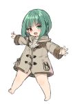  1girl :d bangs barefoot blush braid brown_coat coat commentary_request duffel_coat eyebrows_visible_through_hair final_fantasy final_fantasy_xiv full_body green_eyes green_hair head_tilt heterochromia lalafell looking_at_viewer midorikawa_you open_mouth outstretched_arms pointy_ears red_eyes simple_background smile solo standing standing_on_one_leg white_background 