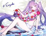  1girl arm_at_side arm_up bikini blue_hairband blush brown_eyes character_name euryale fate/grand_order fate_(series) flower flower_necklace flower_on_liquid hair_flower hair_ornament hairband jewelry k_(sktchblg) long_hair looking_at_viewer necklace purple_flower purple_hair red_flower sitting solo stomach swimsuit very_long_hair white_flower 