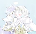  1boy 1girl blue_background blue_hair blush brother_and_sister cape closed_eyes closed_mouth fire_emblem fire_emblem_heroes gradient_hair hrid_(fire_emblem_heroes) miyachi04 multicolored_hair nintendo open_mouth short_hair shoulder_armor siblings silver_hair simple_background smile tiara white_hair ylgr_(fire_emblem_heroes) 