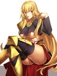  1girl bangs black_legwear black_shirt blonde_hair breasts cape chietori eyebrows_visible_through_hair fate/stay_night fate_(series) faulds genderswap genderswap_(mtf) gilgamesh hand_in_hair large_breasts legs_crossed long_hair long_sleeves looking_at_viewer midriff open_mouth red_cape red_eyes shirt shoulder_armor simple_background sitting solo spaulders thigh-highs torn_clothes torn_shirt under_boob very_long_hair waist_cape white_background 