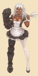  1girl apron breasts choker cleavage clenched_hands dark_skin fang frilled_choker frills full_body glasses hair_between_eyes highres kuon_(kwonchanji) large_breasts long_hair low-tied_long_hair maid maid_headdress mechanical_arm mechanical_leg open_mouth original power_fist puffy_short_sleeves puffy_sleeves rimless_eyewear shiny shiny_skin short_eyebrows short_sleeves signature silver_hair single_thighhigh solo standing thigh-highs waist_apron white_legwear wrist_cuffs yellow_background 