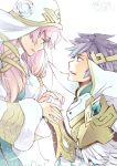  1boy 1girl armor blue_eyes brother_and_sister dated earrings feather_trim fire_emblem fire_emblem_heroes from_side fur_trim gunnthra_(fire_emblem) hair_ornament hand_holding hrid_(fire_emblem_heroes) jewelry long_hair long_sleeves nintendo parted_lips pink_hair short_hair shoulder_armor siblings silver_hair simple_background spiky_hair veil white_background yugyouji_tama 