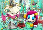  1girl blue_eyes desk finger_to_face food hair_ornament hairclip holographic_interface ice_cream kirby:_planet_robobot kirby_(series) mecha nintendo official_art pink_hair plug repairing screw smoke solo spoon susie_(kirby) wire wrench 