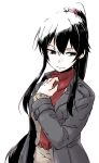  1girl alternate_costume bangs black_hair casual closed_mouth coat grey_coat kantai_collection long_hair ponytail red_eyes red_scarf rindou_(rindou_annon) scarf sidelocks simple_background solo sweater white_background yahagi_(kantai_collection) 