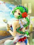  105mitsugi 1girl :o android apron bare_arms bikini bracelet braid braided_bun breasts commentary_request cooking flower gintama green_hair hair_flower hair_ornament holding jewelry long_hair looking_back medium_breasts open_mouth solo swimsuit tama_(gintama) white_apron 