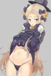  1girl abigail_williams_(fate/grand_order) bangs black_bow black_dress black_hat black_panties blonde_hair blue_eyes blush bow dress embarrassed fate/grand_order fate_(series) forehead grey_background hair_bow hands_on_own_cheeks hands_on_own_face hat hips long_hair long_sleeves looking_at_viewer navel open_mouth orange_bow panties parted_bangs parted_lips polka_dot polka_dot_bow ribbed_dress simple_background sleeves_past_fingers sleeves_past_wrists solo sumisu_(mondo) thighs underwear very_long_hair 