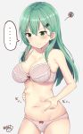  1girl aqua_eyes aqua_hair blush bra breasts closed_mouth gradient gradient_background hair_between_eyes hair_ornament hairclip highres kantai_collection large_breasts noeru_(gt17854) panties pink_bra pink_panties solo suzuya_(kantai_collection) underwear 