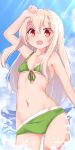  1girl arm_up bangs bare_shoulders bikini blue_sky blush breasts chawan_(yultutari) collarbone eyelashes fate/kaleid_liner_prisma_illya fate_(series) green_bikini hair_between_eyes highres illyasviel_von_einzbern long_hair looking_at_viewer navel ocean open_mouth red_eyes sky small_breasts smile solo sunlight swimsuit thighs white_hair 